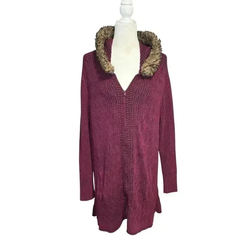 Eddie Bauer Burgundy Zip Up Hooded Sweater Size XL